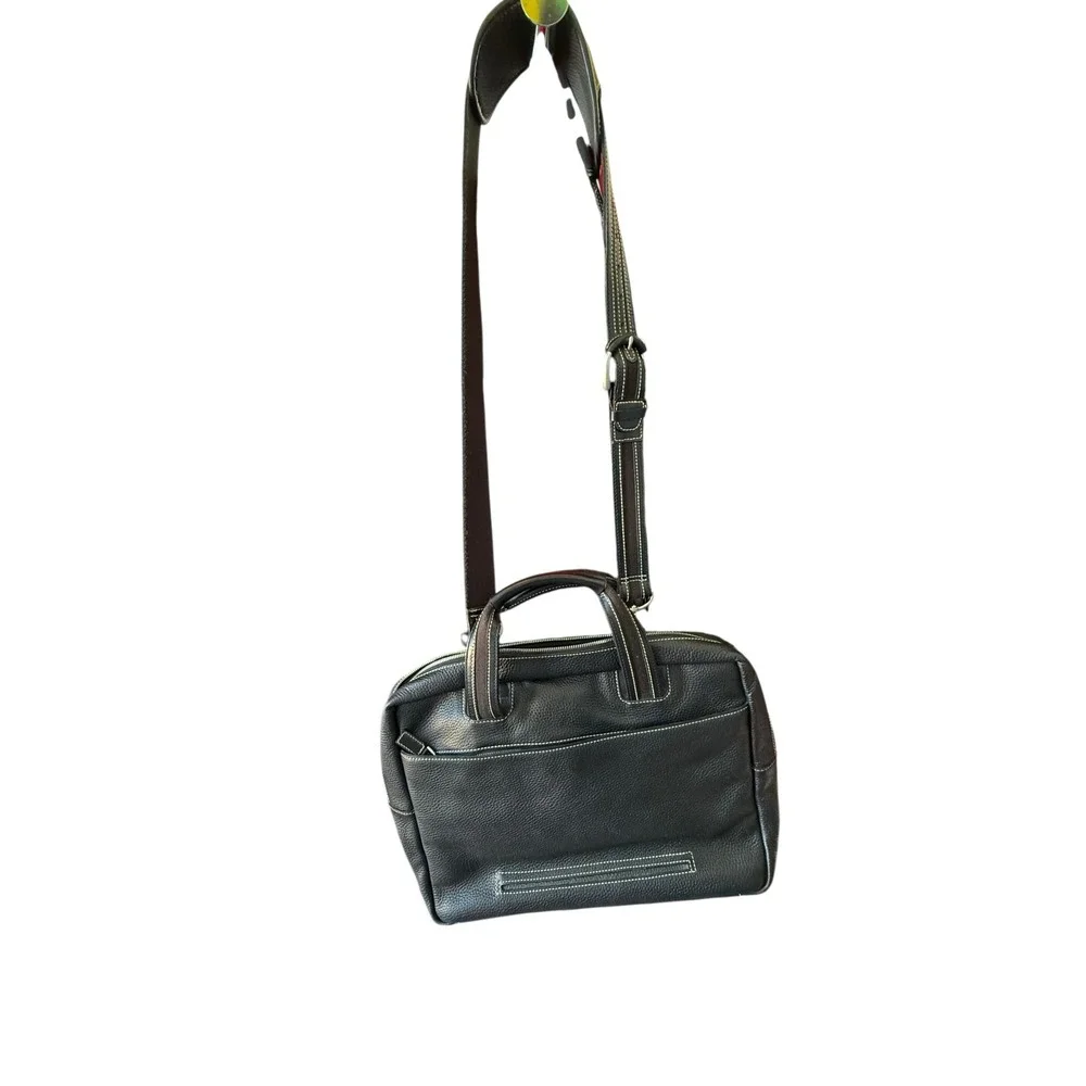 Cole Haan Black Pebbled Leather Briefcase Laptop Messenger Bag Contrast Stitch